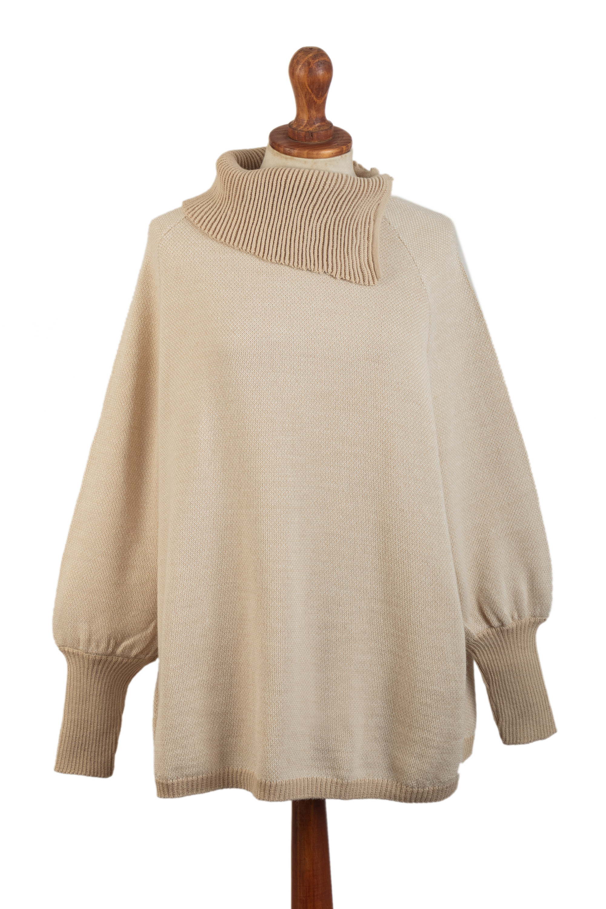 Knit Beige Baby Alpaca Turtleneck Poncho with Sleeve Cuffs - Andean ...