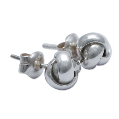 Sterling silver button earrings, 'Love Me Knot' - Andean Hand Made Sterling Silver Button Earrings