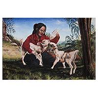 'Ternura y confianza' - Pintura de niña alimentando cabras firmada por el artista