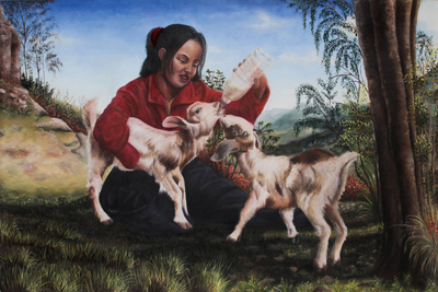 Painting of Little Girl Feeding Goats Signed by Artist