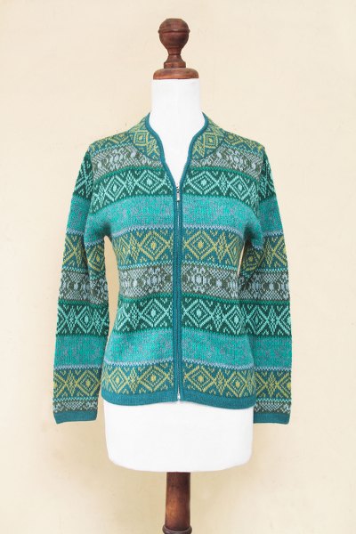 100% alpaca cardigan, 'Andean Countryside' - Women's Alpaca Zipper Cardigan in Grey and Greens