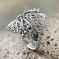Sterling silver cocktail ring, 'Morgana' - Leaf Shaped Sterling Silver Artisan Crafted Cocktail Ring