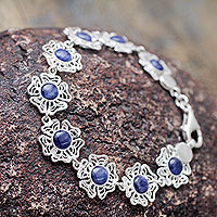 Sodalite flower bracelet, 'Sweet Petunias' - Sodalite on Sterling Silver Flower Link Bracelet from Peru