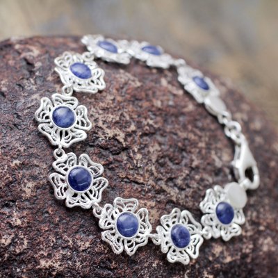 Sodalite flower bracelet, 'Sweet Petunias' - Sodalite on Sterling Silver Flower Link Bracelet from Peru