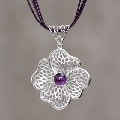 Sterling silver and amethyst flower necklace, 'Enchanted Poppy' - Sterling Silver and Amethyst Flower on Cotton Cord Necklace
