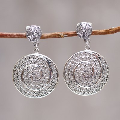 Sterling silver dangle earrings, 'Swirl' - Artisan jewellery Hand Crafted Sterling Silver Earrings