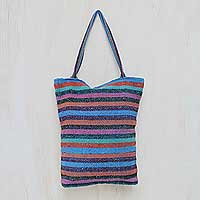 Wool tote bag, 'Multicolor Feast' - Hand Woven Striped Tote Bag with Three Inner Pockets