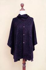 Alpaca blend ruana with scarf, 'Aubergine Arabesques' - Peruvian Alpaca Blend Purple Ruana Cloak with Scarf