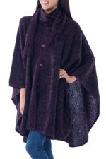 Alpaca blend ruana with scarf, 'Aubergine Arabesques' - Peruvian Alpaca Blend Purple Ruana Cloak with Scarf