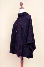 Alpaca blend ruana with scarf, 'Aubergine Arabesques' - Peruvian Alpaca Blend Purple Ruana Cloak with Scarf