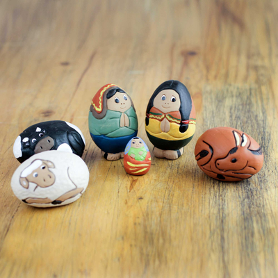 Ceramic nativity scene, 'In the Stable' (6 pieces) - Whimsical Egg-Shape Nativity Scene Figurines (6 Pieces)