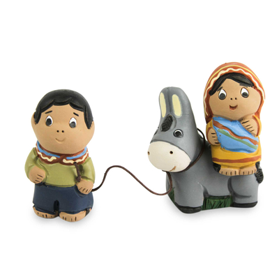 Ceramic figurines, 'Flight to Egypt' (pair) - Handmade Two-Piece Set of Ceramic Mary and Joseph Figurines