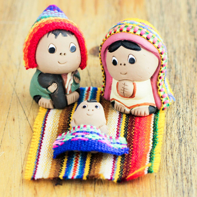 Ceramic nativity scene, 'Andean Holy Family' (set of 3) - 3-Pc Ceramic Nativity Scene with Woven Details from Peru