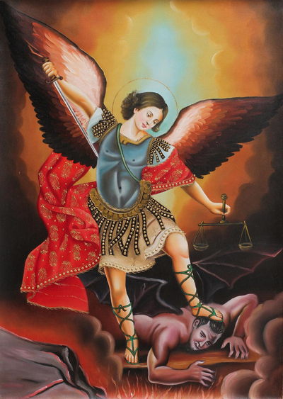 'Saint Michael's Justice for the Devil' - Cuzco School Replica Oil Painting of Satan Defeated