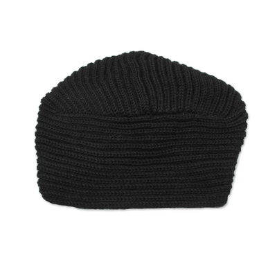Alpaca blend hat, 'EbonyTurban' - Knitted Alpaca Blend Black Turban Style Hat from Peru