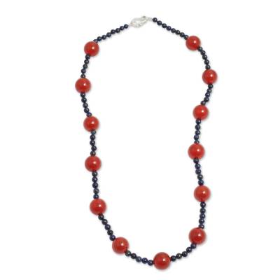 Carnelian and lapis lazuli beaded necklace, 'Fiery Sea' - Hand Crafted Carnelian and Lapis Lazuli Beaded Necklace