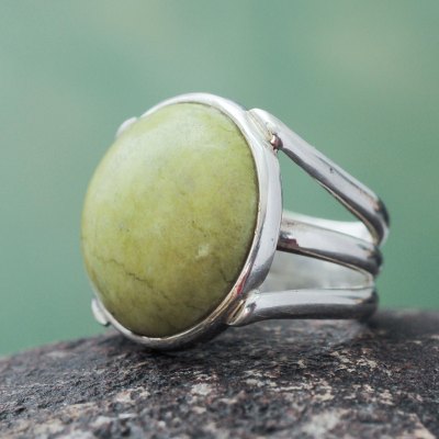 Serpentine cocktail ring, 'Early Grass' - Andean Artisan Crafted Silver and Serpentine Cocktail Ring