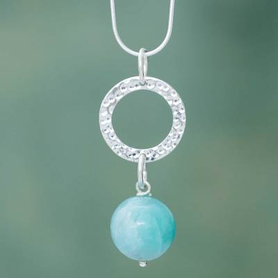 Amazonite pendant necklace, 'Circle of Blue' - Amazonite and Sterling Silver Hand Crafted Necklace