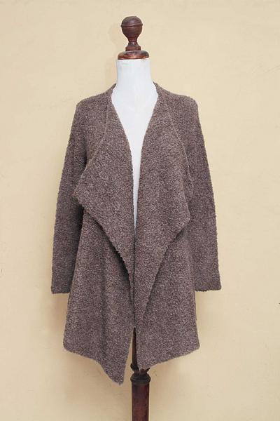 Alpaca cardigan, 'Chocolate Boucle' - Brown Loose Fit Alpaca Blend Long Cardigan from Peru