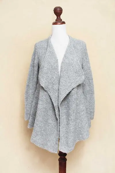 Baby alpaca blend cardigan, 'Boucle Mist' - Peru Loose Fit Alpaca Blend Light Grey Boucle Cardigan