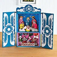 Holz-Retablo, „Blue Andean Christmas“ – handgefertigtes Weihnachts-Retablo-Diorama mit christlichem Thema