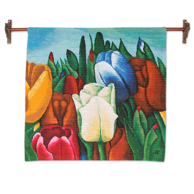 Colorful Andean Handwoven Wool Tapestry of Tulips - Andean Tulips | NOVICA