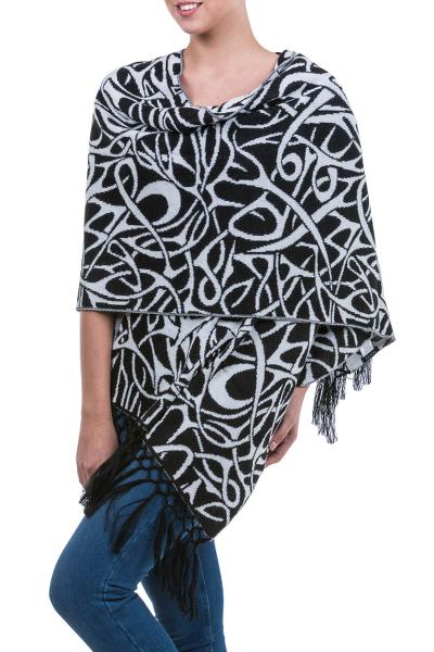 Alpaca blend shawl, 'Andean Art Nouveau' - Black and White Andean Art Nouveau Alpaca Blend Shawl