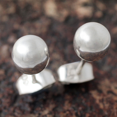 Sterling silver stud earrings, 'Polished Sphere' - Minimalist Silver 950 Stud Earrings from the Andes