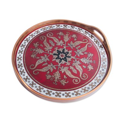 Reverse painted glass tray, 'Red Colonial Medallion' - Gilded Red Reverse Painted Glass Serving Tray from Peru