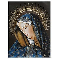 'Virgin of Sorrows' - Gilded Christian Art Oil Painting of the Virgin Mary