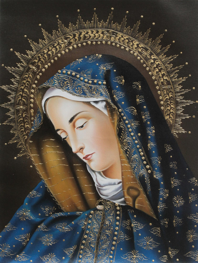 'Virgin of Sorrows' - Gilded Christian Art Oil Painting of the Virgin Mary