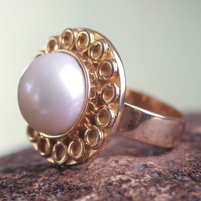 Gold plated cultured pearl flower ring, 'White Cuzco Bloom' - White Pearl on 18k Gold Plated Silver Flower Ring
