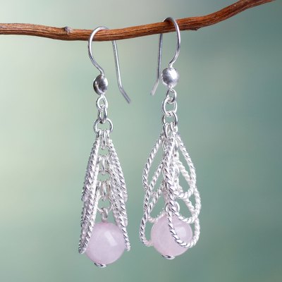 Rose quartz waterfall earrings, 'Emerging Pink' - Handcrafted Sterling Waterfall Earrings with Rose Quartz