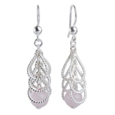 Rose quartz waterfall earrings, 'Emerging Pink' - Handcrafted Sterling Waterfall Earrings with Rose Quartz