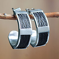 Sterling silver and leather half hoop earrings, 'Leather Minimalist'