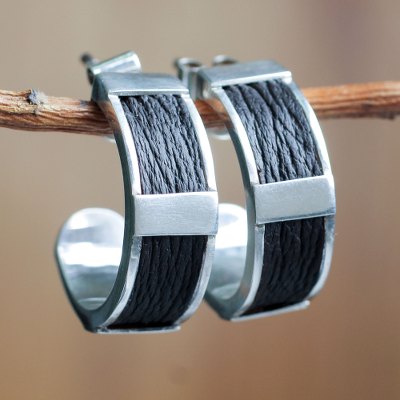 Sterling silver and leather half hoop earrings, 'Leather Minimalist' - Artisan Crafted Leather Accent Sterling Silver Earrings