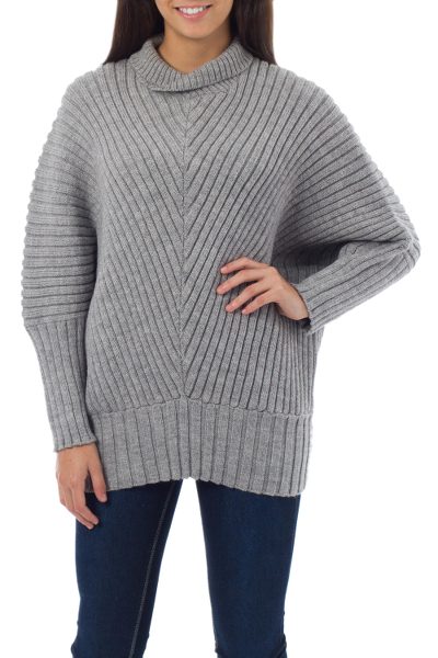 Alpaca blend sweater, 'Bold Chic' - Grey Alpaca Blend Long Sweater Knitted Apparel for Women