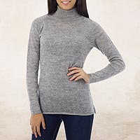 Alpaca blend sweater, 'Zigzag Parallels' - Patterned Grey Alpaca Blend Long Sleeve Turtleneck Sweater