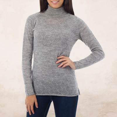 Alpaca blend sweater, 'Zigzag Parallels' - Patterned Grey Alpaca Blend Long Sleeve Turtleneck Sweater
