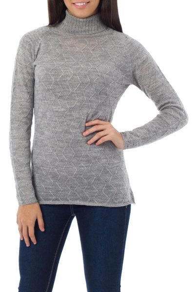 Alpaca blend sweater, 'Zigzag Parallels' - Patterned Grey Alpaca Blend Long Sleeve Turtleneck Sweater