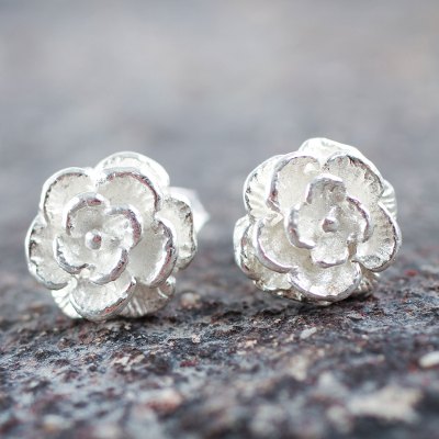 Sterling silver button earrings, 'Precious Gardenia' - Handcrafted Sterling Silver Flower Earrings from Peru