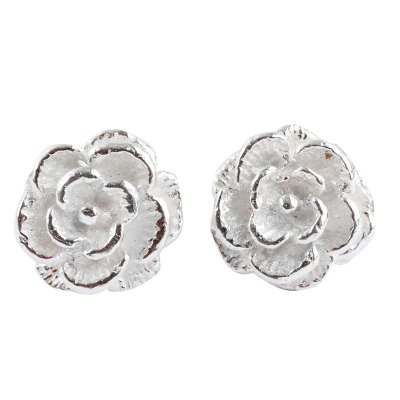 Sterling silver button earrings, 'Precious Gardenia' - Handcrafted Sterling Silver Flower Earrings from Peru