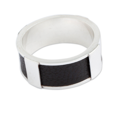 Sterling silver band ring, 'Leather Minimalist' - Artisan Crafted Leather Accent Sterling Silver Band Ring