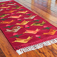 Wool rug, 'Red Birds on the Wing' (2x5)