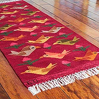 Wool rug, 'Red Birds on the Wing' (2x5) - Peruvian Handwoven Red Wool Rug with Birds (2x5)