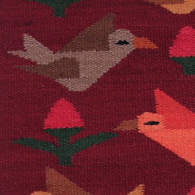 Wool rug, 'Red Birds on the Wing' (2x5) - Peruvian Handwoven Red Wool Rug with Birds (2x5)