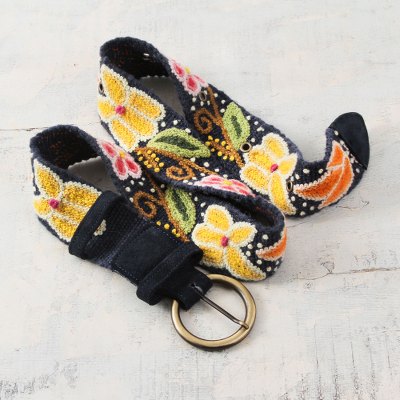Wool belt, 'Blue Huanta Garland' - Peru Hand Embroidered 2-Inch Wide Blue Belt with Flowers