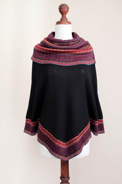 100% alpaca poncho, 'Huarascaran Rose' - Baby Alpaca Cowl Collar Black Poncho from Peru
