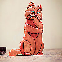 Cedar and mahogany sculpture, 'Thoughtful Kitty Cat' - Artisan Crafted Hand Carved Wooden Cat Sculpture