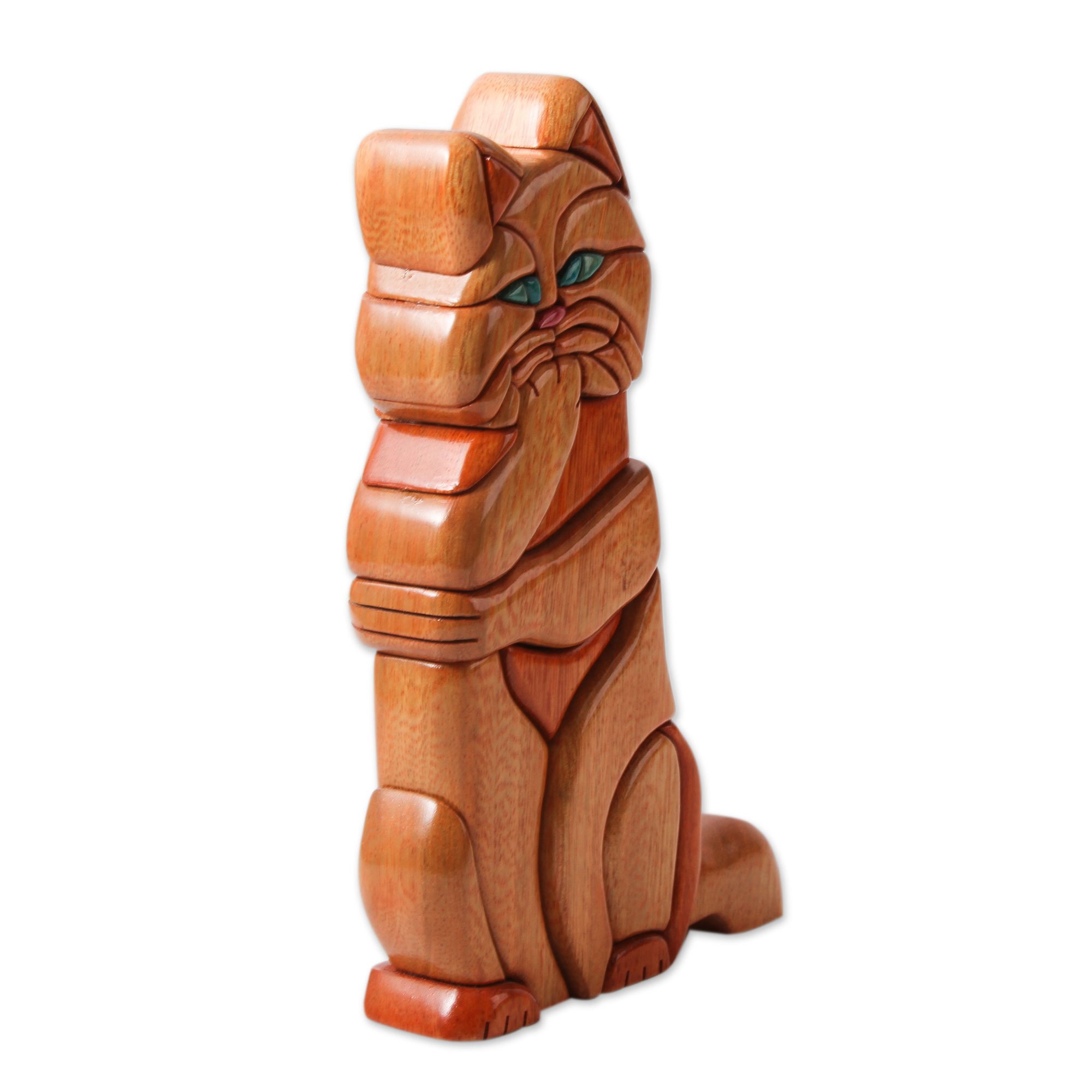 Artisan Crafted Hand Carved Wooden Cat Sculpture Thoughtful Kitty Cat